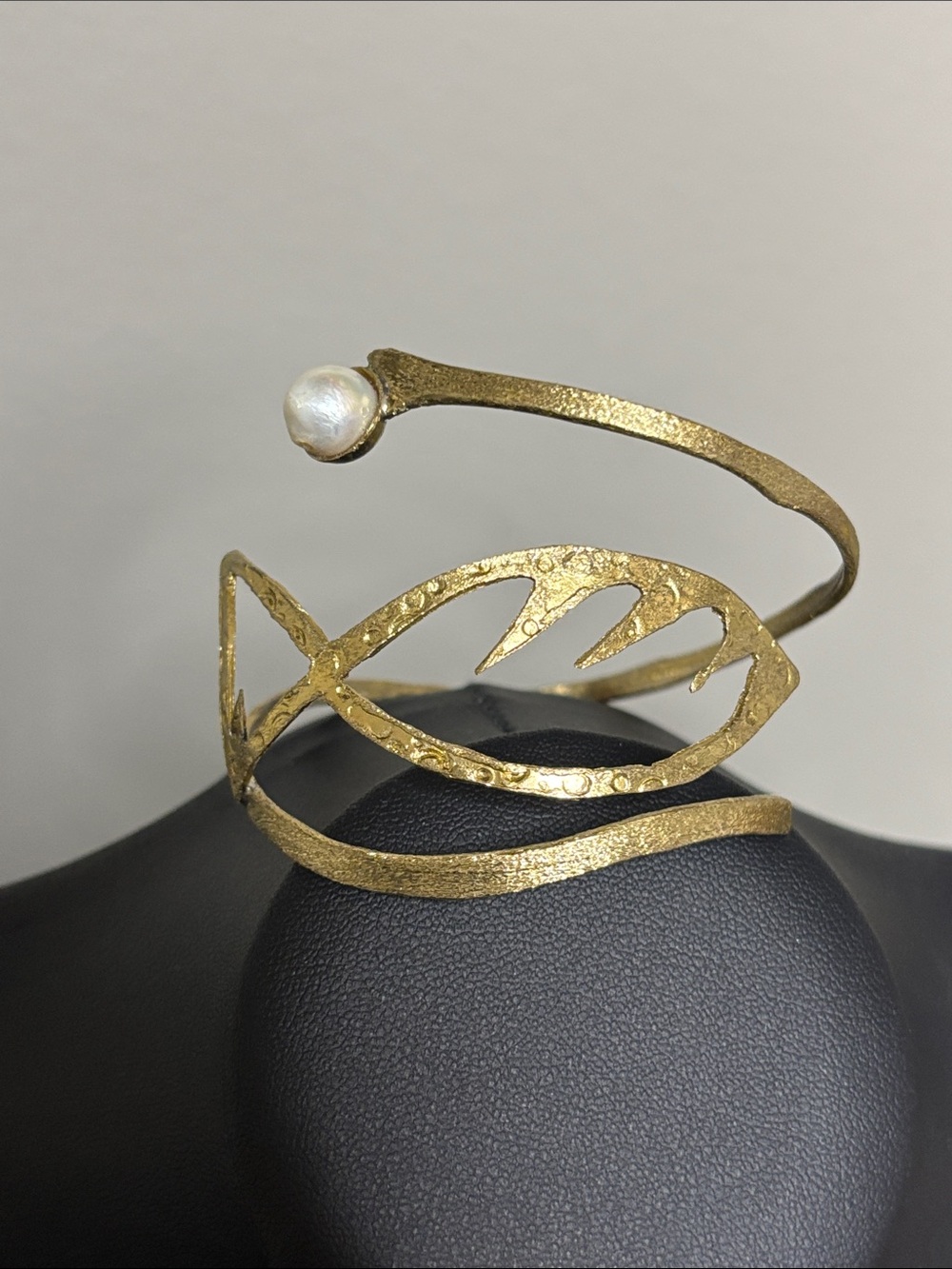 Handcrafted Gold Fish Dainty Unique Cuff Bracelet with Pearl Accent